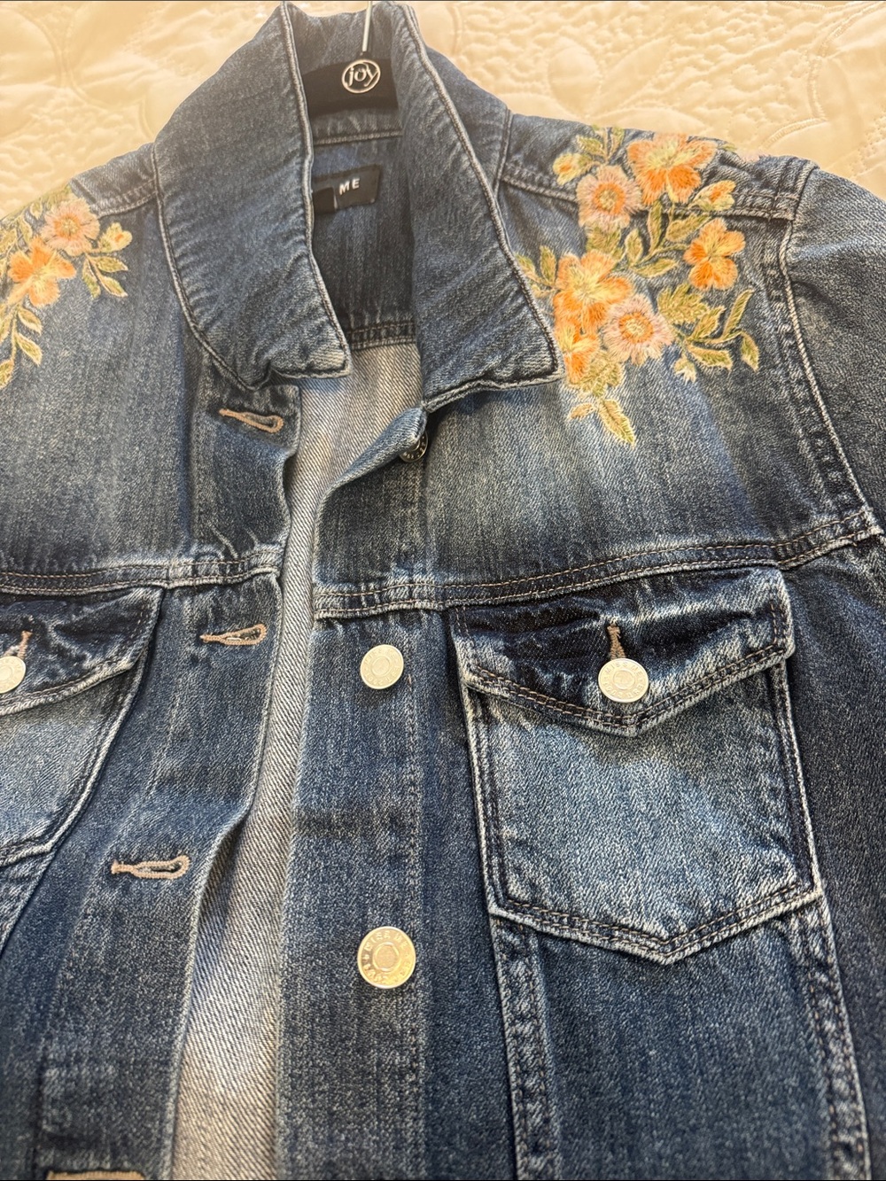 NEVER WORN..Miss Me Blue Denim Jacket with Yellow & Peach Floral Embroidery - Picture 8 of 8